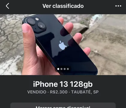 Anúncio do Marketplace: iPhone 13 128gb, R$ 2.300, marcado como vendido