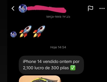 Mensagem recebida: iPhone 14 vendido ontem por 2.100, lucro de 300.